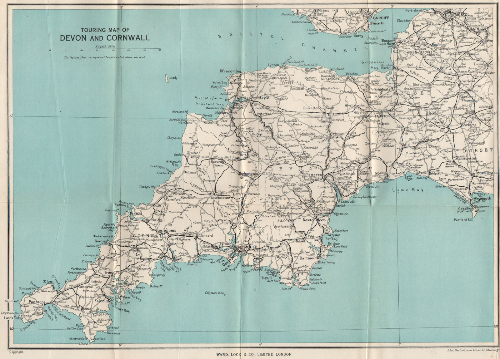 TOURING MAP OF DEVON AND CORNWALL. South West England. WARD LOCK 1948 old